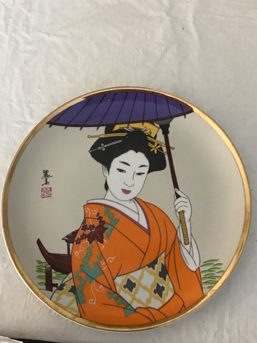 Orange Geisha Decorative Plate with Purple Parasol #215